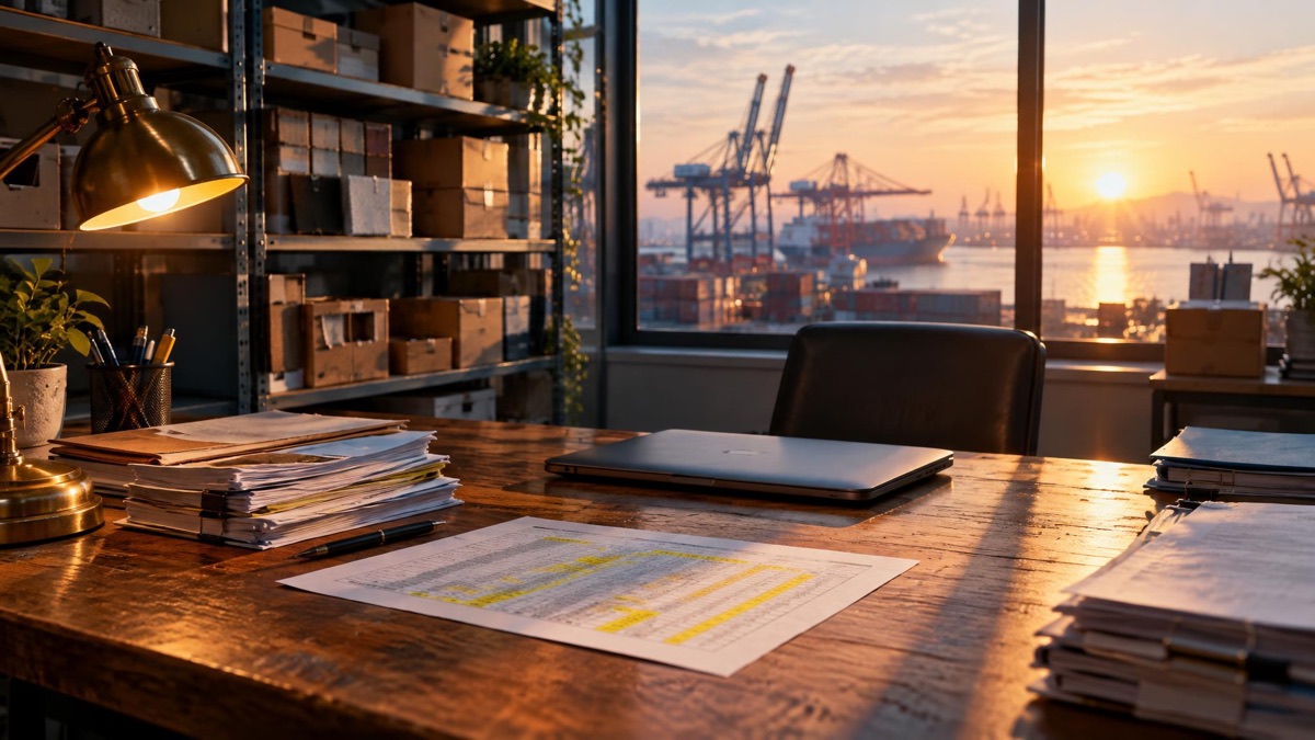 A small trading office at sunrise: stacks of shipping documents and a printed spreadsheet